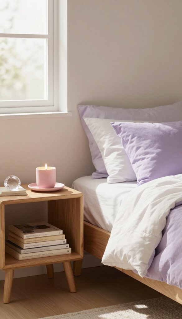 A cozy teenage girl's bedroom with a scented candle on a nightstand, soft pink and lavender tones, natural light.