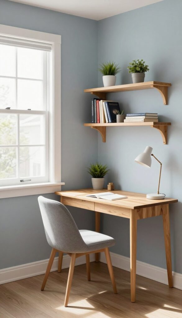 Teen boy's bedroom corner desk with floating shelves and comfy chair by window