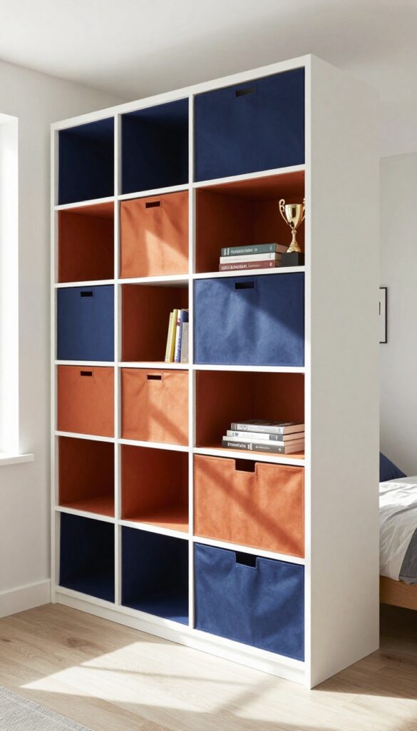 Shared cubby wall with fabric baskets in navy and rust, open cubbies with books and trophy, bright natural light, clean modern boys' bedroom.