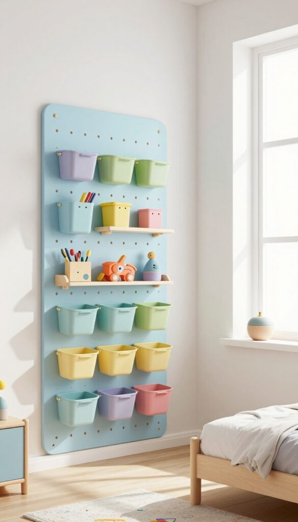 Pegboard wall in a kids' bedroom with colorful bins and toys, natural light, clean composition.