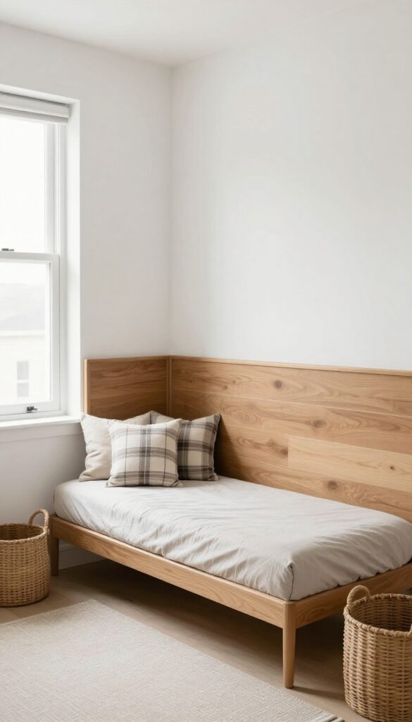 Small double bedroom with a slim upholstered bench at the foot of the bed, offering hidden storage and cozy seating.