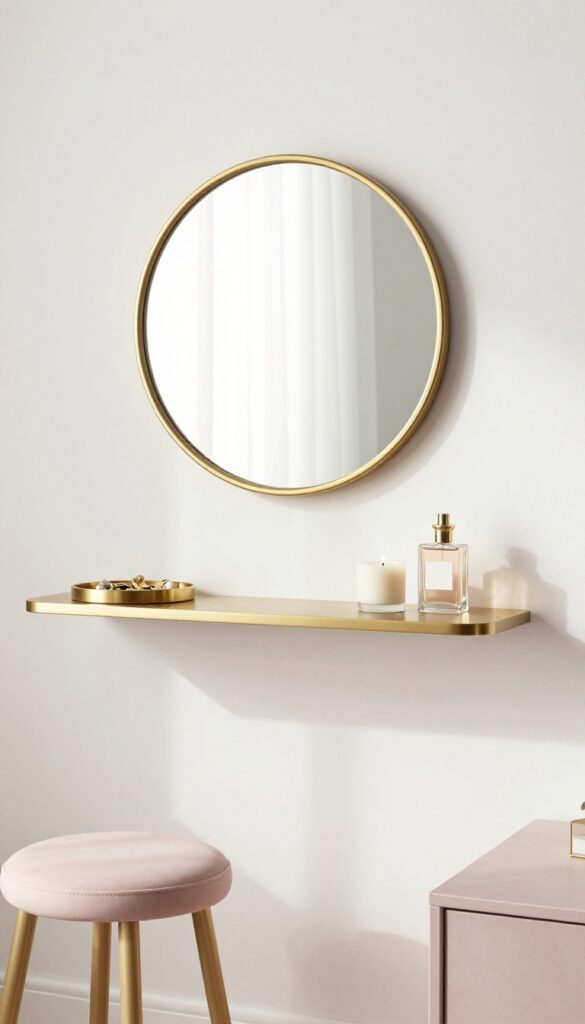 Slim vanity with brass mirror and stool in soft chic bedroom