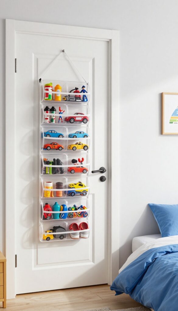 Clear over-the-door shoe organizer filled with small toys on the back of a bedroom door in a bright, tidy boy's room.