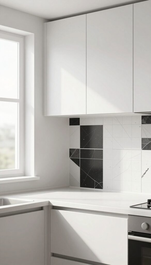 Modern kitchen with peel-and-stick tile backsplash in black and white geometric pattern, bright natural light, clean and stylish