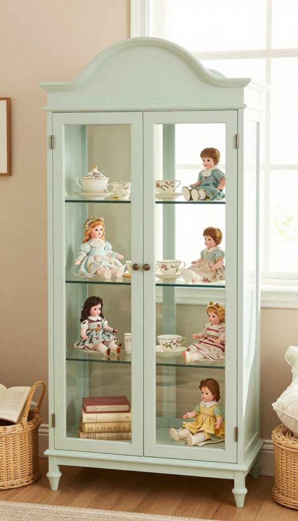 Vintage girls bedroom with glass-door cabinet displaying porcelain dolls and teacups near a window