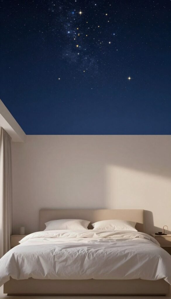 Girls bedroom with starry night sky ceiling wallpaper, deep navy with gold and silver stars, simple light furniture, dreamy atmosphere.