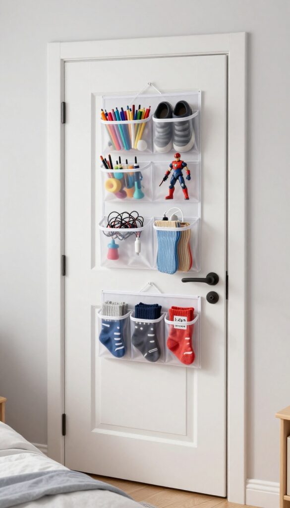 Over-the-door shoe organizer used for storing small items like art supplies, action figures, cables, and socks in a shared boys' bedroom.