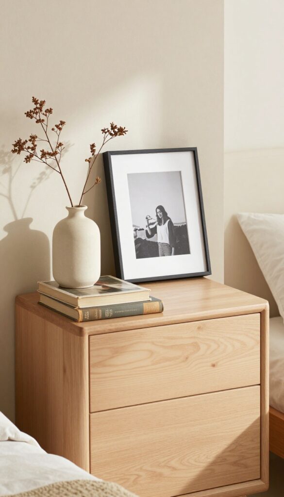 Minimalist display of personal items on a dresser in a small bedroom
