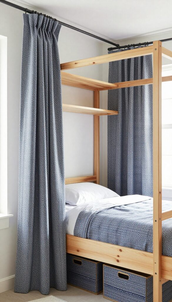 Teen bedroom with curtain hiding clutter on open shelving and under-bed storage, navy geometric fabric, bright natural light