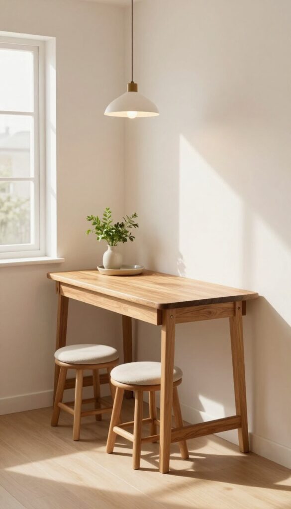 Fold-down table in a guest suite kitchenette with stools tucked underneath, fresh herbs on top, warm wood finish, bright natural light.