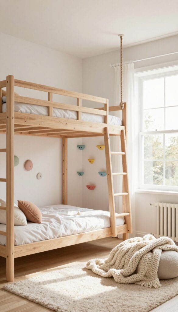 Loft bed with climbing wall and swing in a bright children's bedroom