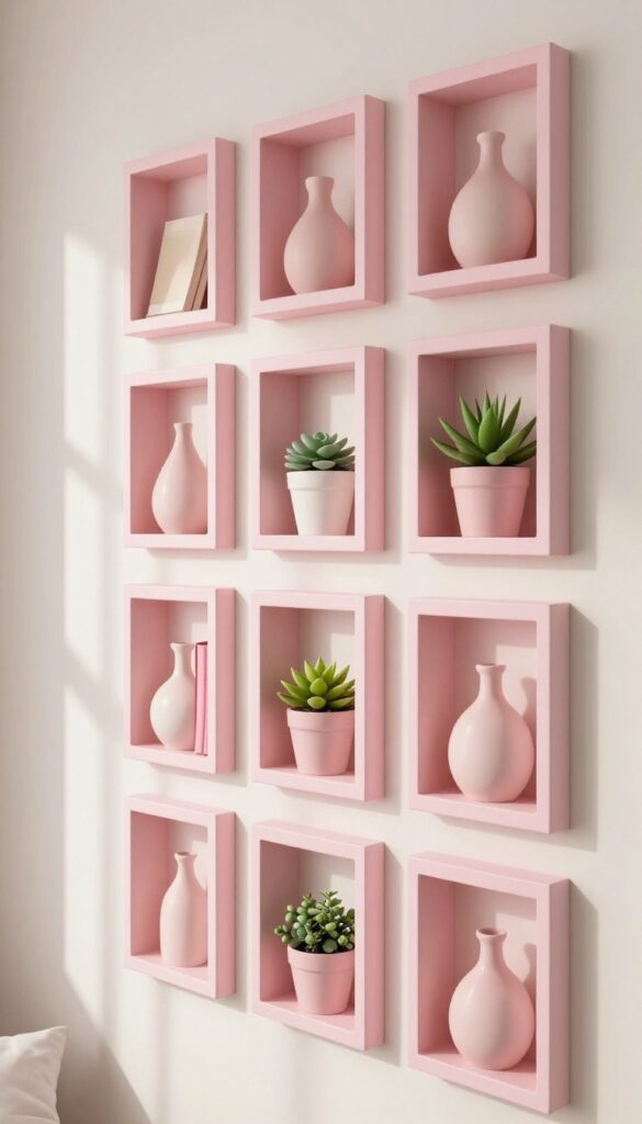 Pink wall art with built-in storage cubes holding a small plant, ceramic vase, and book, in a bright bedroom.