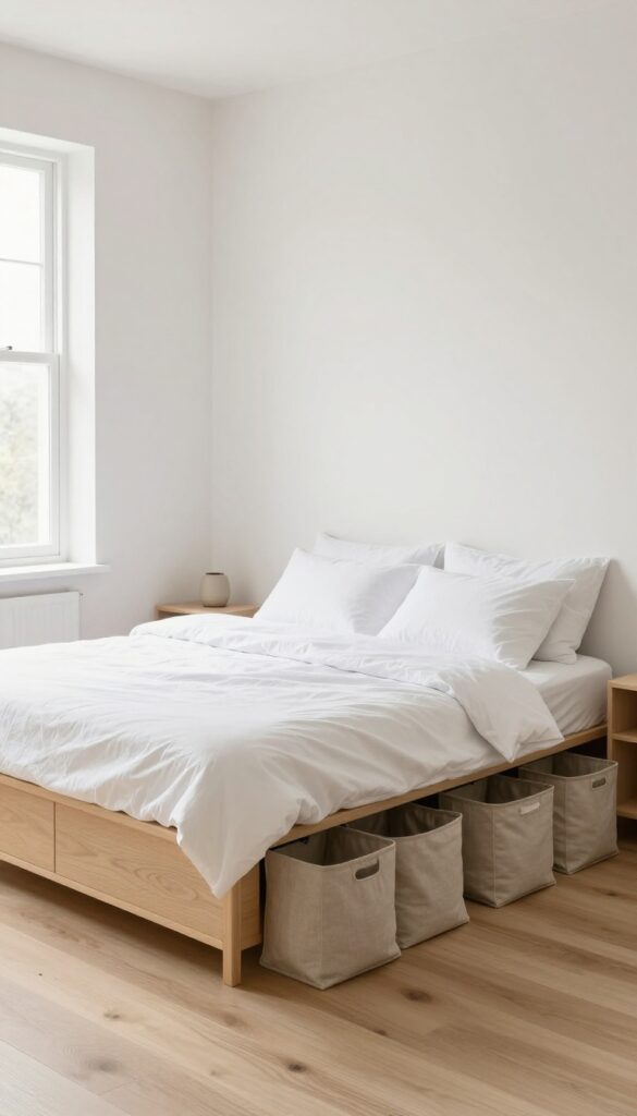 Small double bedroom with raised platform bed and built-in drawers for hidden storage, bright natural light, clean and organized look.