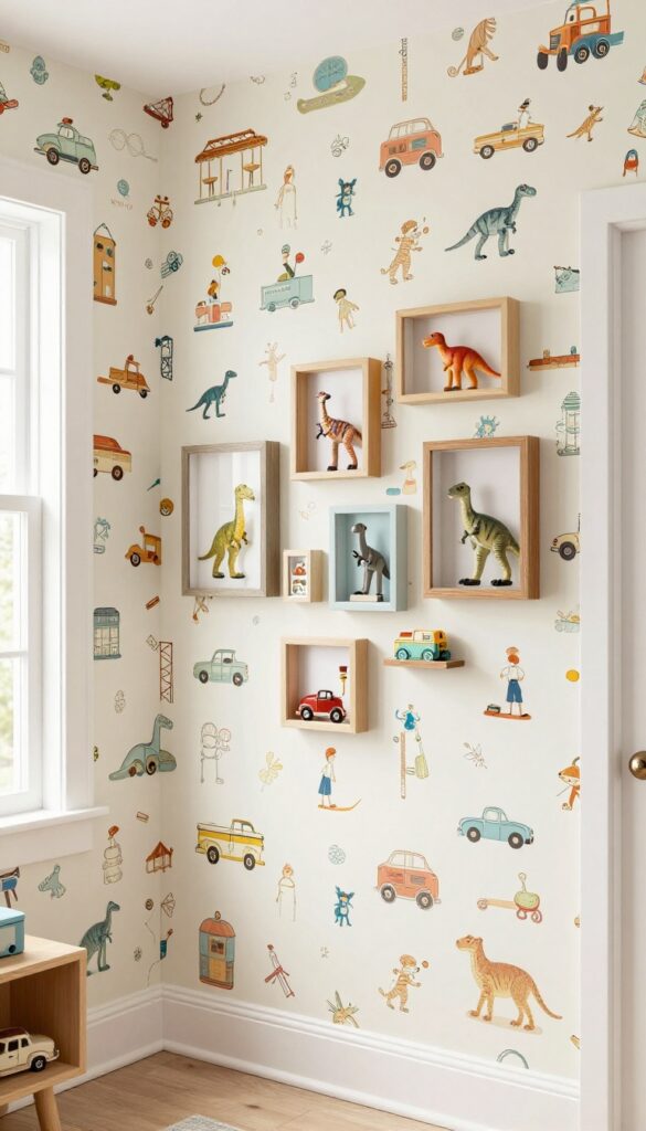 Children's bedroom with vintage toy wallpaper and shadow box frames displaying toys.