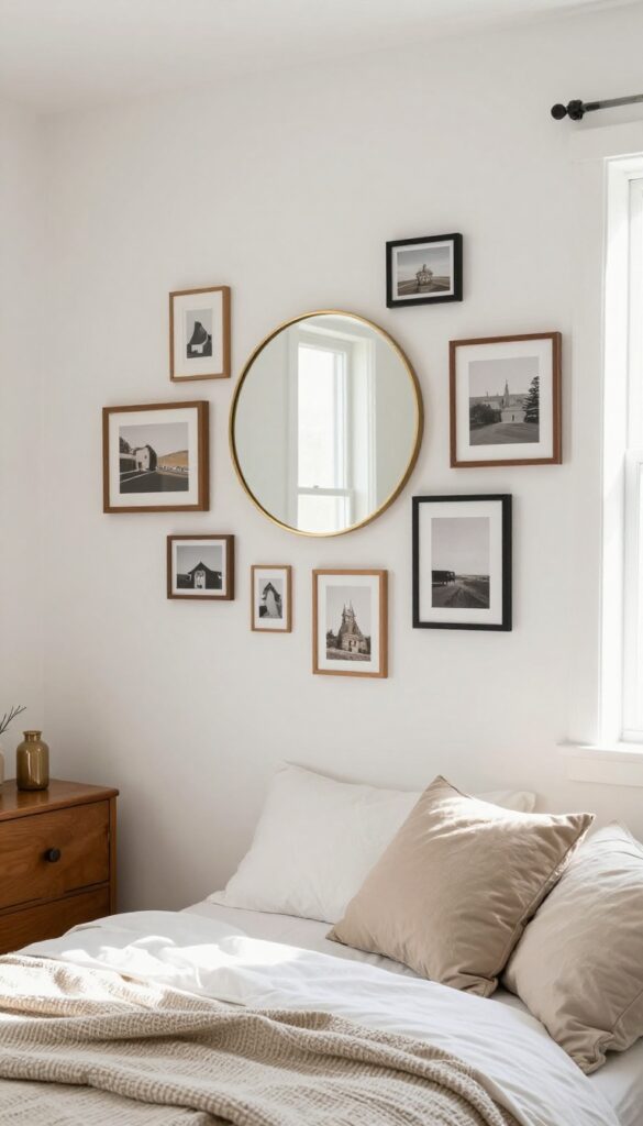 Cozy small bedroom with a gallery wall of personal art and photos above the bed, warm frames, natural light
