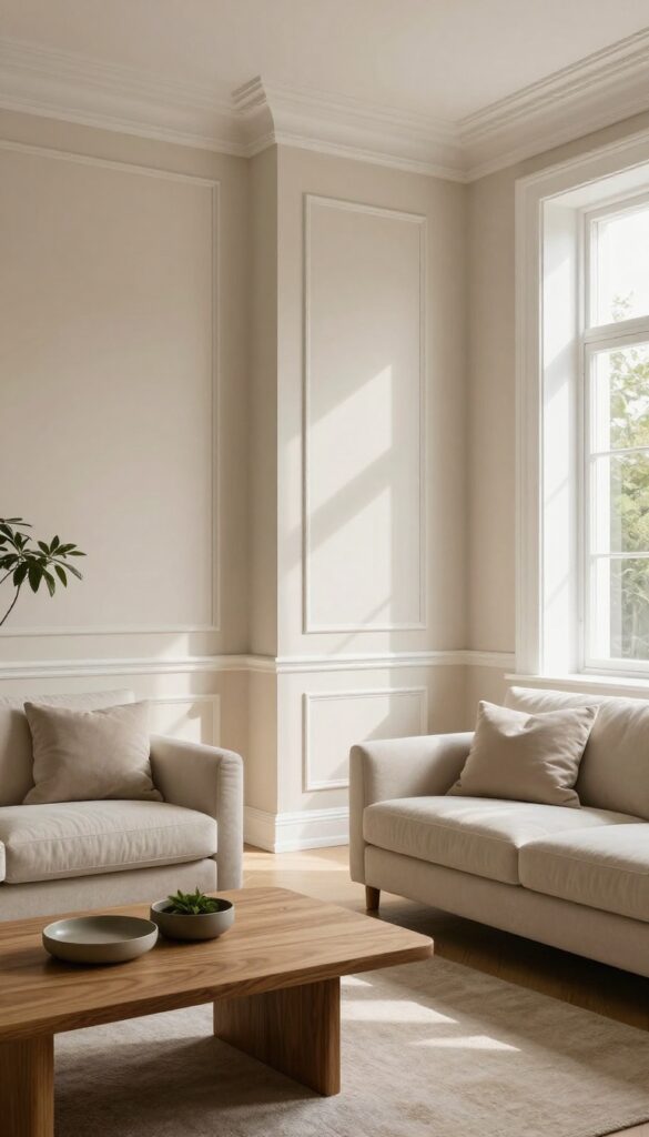 Living room with matte beige walls and high-gloss white trim, natural light, cozy decor