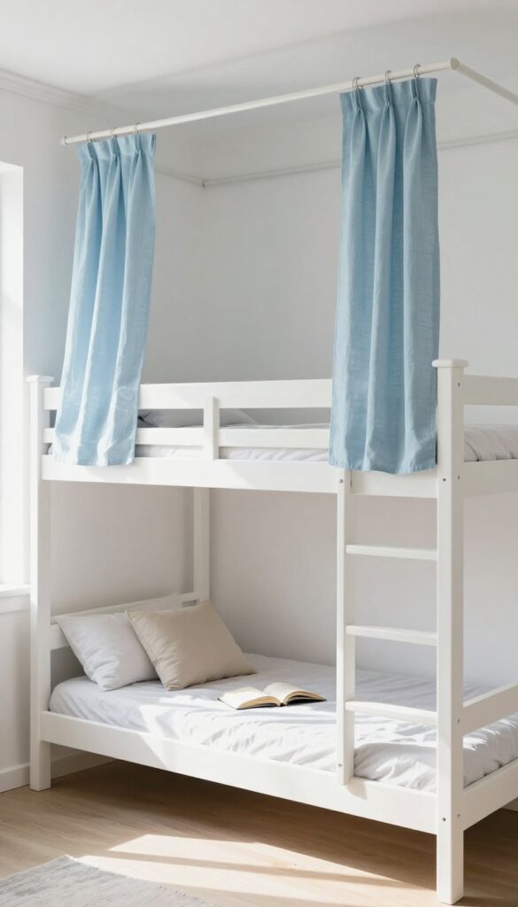 Bunk bed with ceiling-mounted curtains for privacy in a light and airy shared bedroom