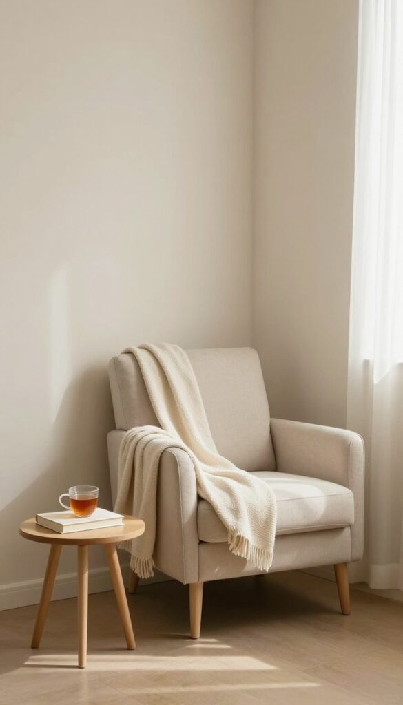 Cozy seating nook in a small bedroom with an armchair, throw blanket, and side table by a window