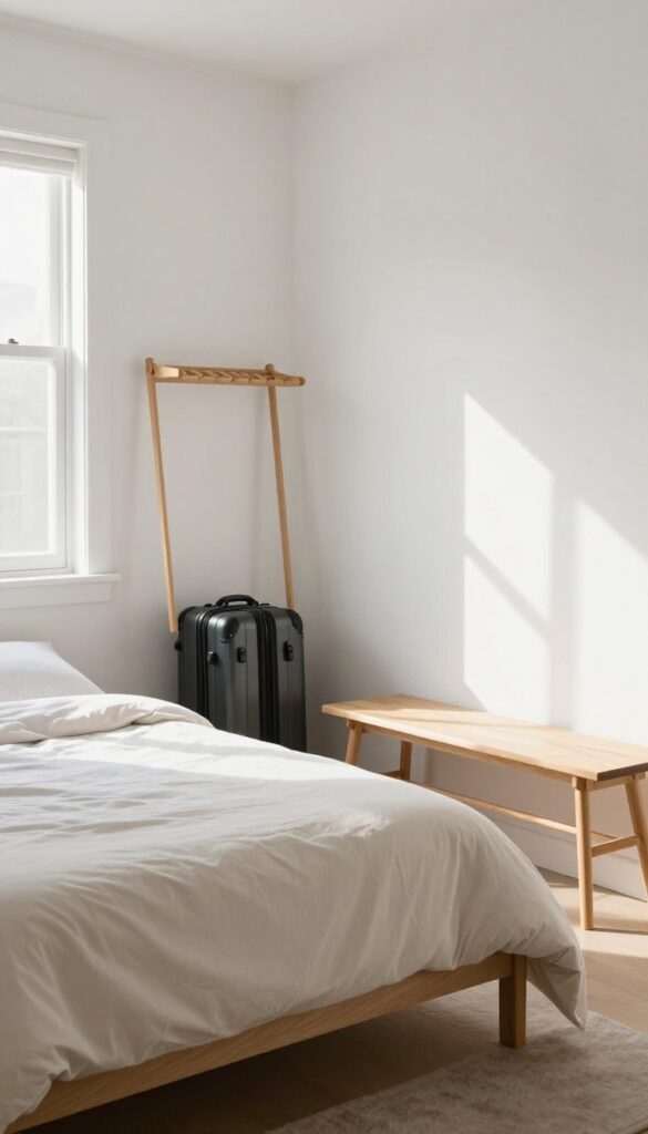 Guest bedroom with a foldable luggage rack leaning against the wall beside a bench, bathed in natural light.
