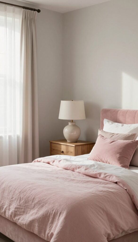 Pink and warm gray bedroom with pink bedding and accent chair, natural light, cozy atmosphere