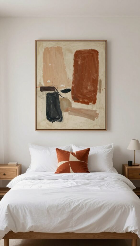 Minimalist small guest bedroom with one statement abstract painting over the bed.