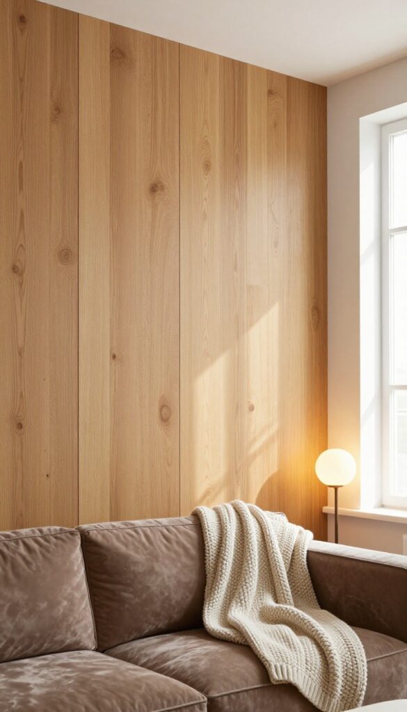 Cozy living room with peel-and-stick wood paneling feature wall, warm lighting, and plush textiles.