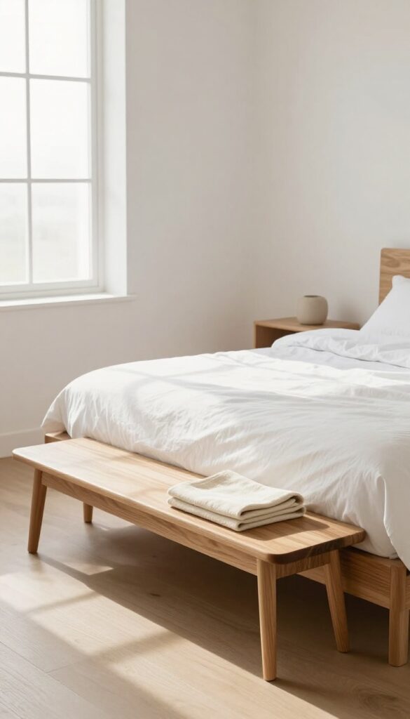 Small bedroom with a slim wooden bench at the foot of the bed, topped with a folded throw, natural light, minimalist and cozy.
