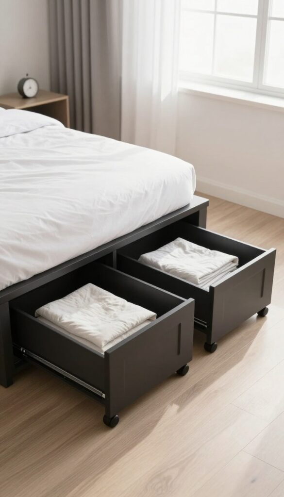 Under-bed rolling drawers matching closet system in small bedroom