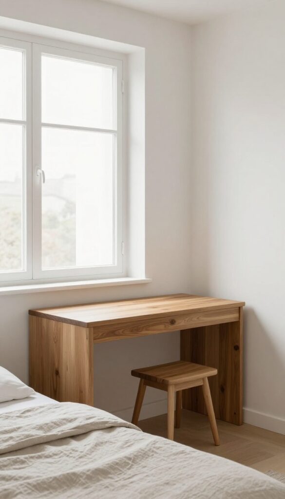 A floating desk folded flat against the wall in a small bedroom, with a stool tucked underneath, natural light, clean and uncluttered.