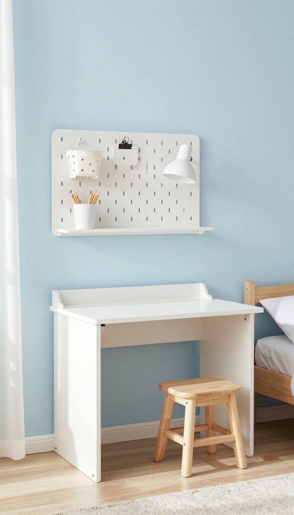 Wall-mounted fold-down desk in a bright children's bedroom with pegboard storage and stool