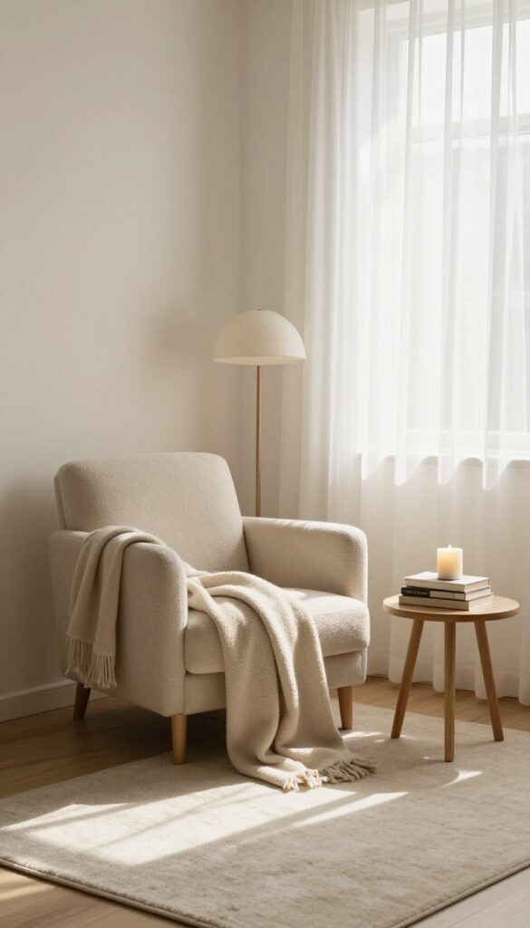 Cozy reading nook in a small spare bedroom with bouclé armchair, side table, books, candle, and floor lamp by a window.