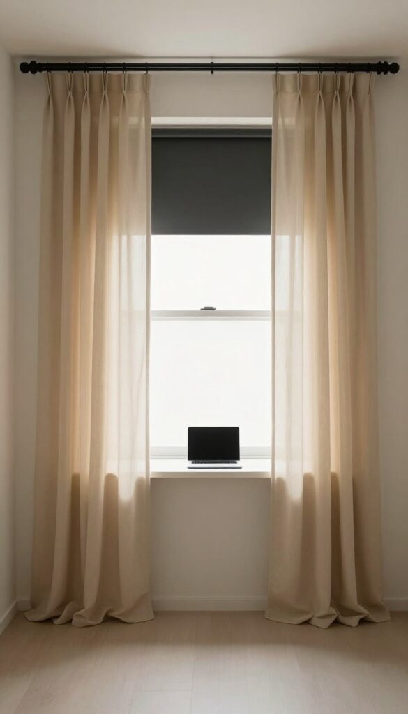 Guest bedroom with sheer curtains and blackout shades, featuring a desk and laptop for a productive home office.