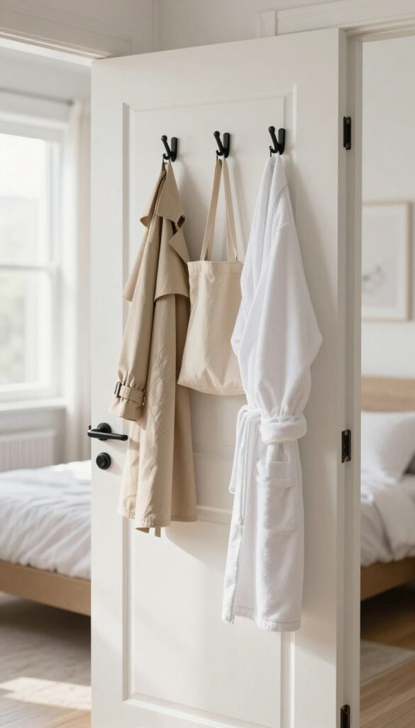 Over-the-door hooks with a coat, bag, and robe hanging on a white door in a bright guest bedroom.