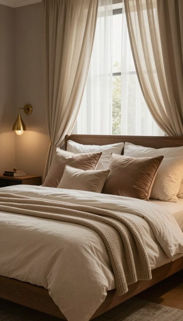 Dark charcoal bedroom with cozy linens and warm metallic accents