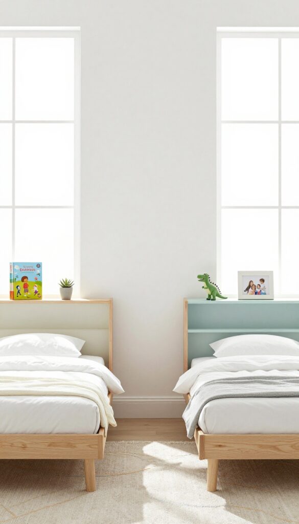 Two twin beds with headboard shelves displaying personal items, in a bright shared children's bedroom.