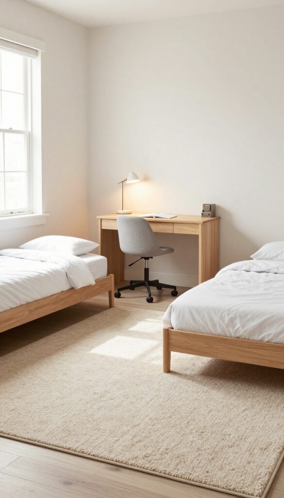Shared teen boys bedroom with a rug-defined study zone featuring a compact desk and warm lamp, creating a separate homework area without walls.