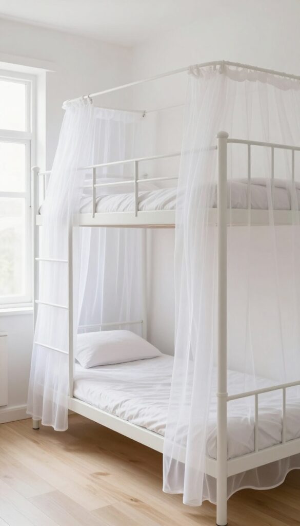 White metal bunk beds with sheer blush canopies in a bright, airy small bedroom