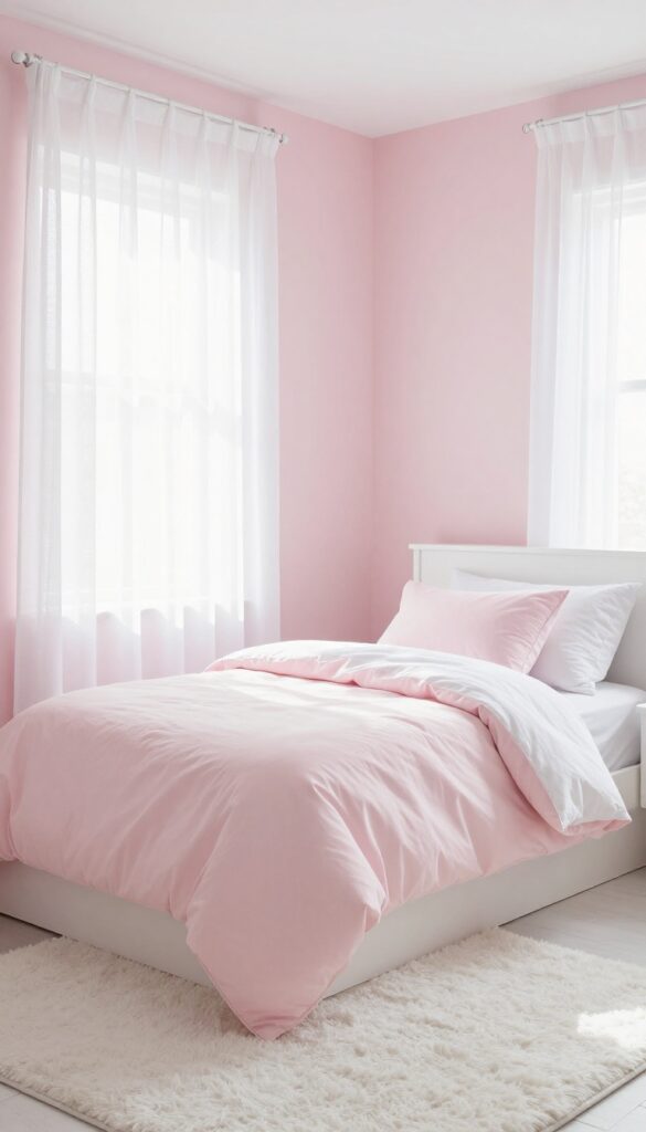 Girl's bedroom with blush walls and white trim, featuring layered pink bedding and white decor in natural light.