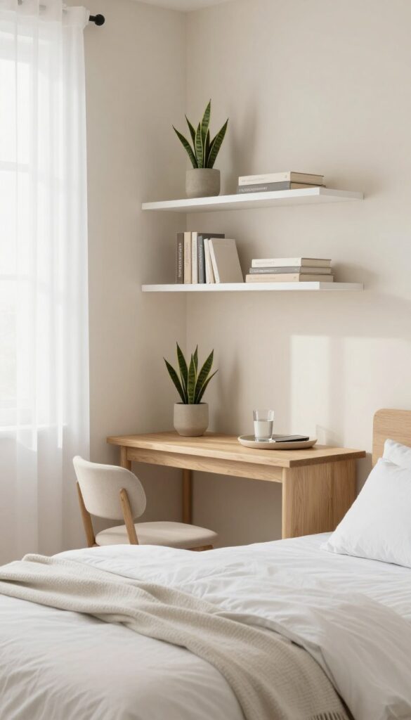 Floating shelves above a desk in a neutral guest bedroom with plant, books, and ceramic tray.