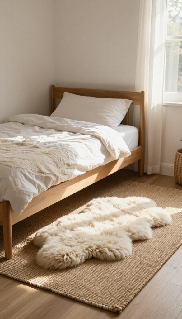 Small bedroom with jute rug and layered faux sheepskin, natural light, cozy and grounded.