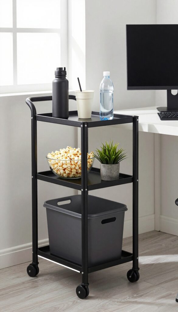 A slim black utility cart with snacks and drinks next to a gaming desk in a boy's bedroom.