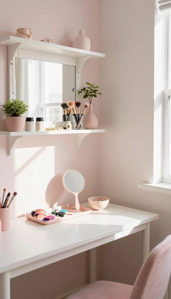 Teenage girl's bedroom with a large mirror with storage shelves above a small desk, creating a vanity and study zone.