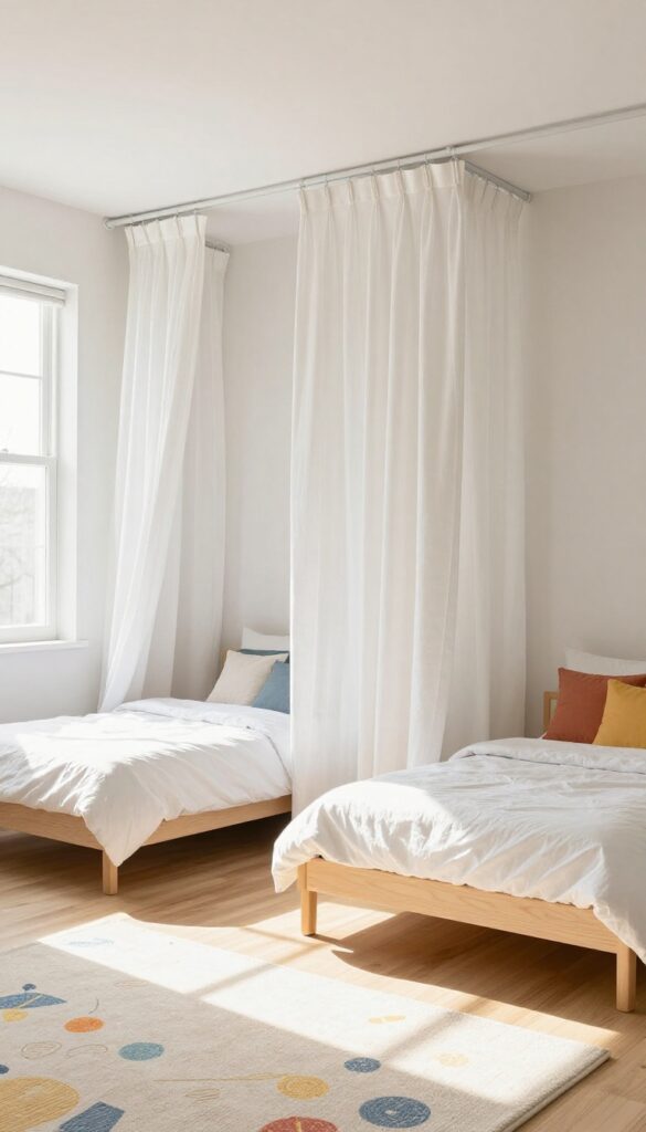 Two twin beds in a small room divided by white linen curtains on a ceiling track, creating flexible privacy zones.