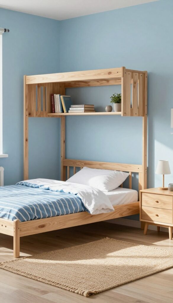 Blue boys bedroom with natural wood furniture and soft blue bedding, bright natural light, cozy and clean.