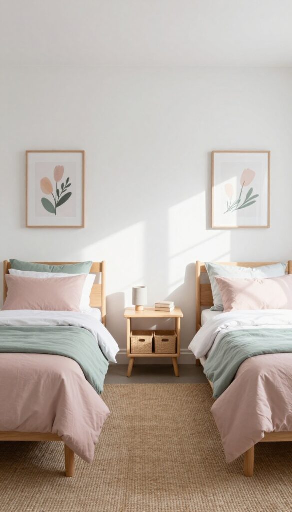 Shared kids bedroom with color-coded zones: dusty rose on one side and soft sage on the other, with neutral backdrop and jute rug.