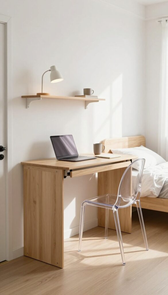 A small bedroom featuring a wall-mounted fold-down desk in light wood, with a laptop and coffee mug on it, and a slim acrylic chair underneath, in bright natural light.