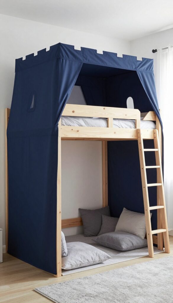 A low loft bed with a navy canopy and a cozy hideout underneath, in a bright children's bedroom.