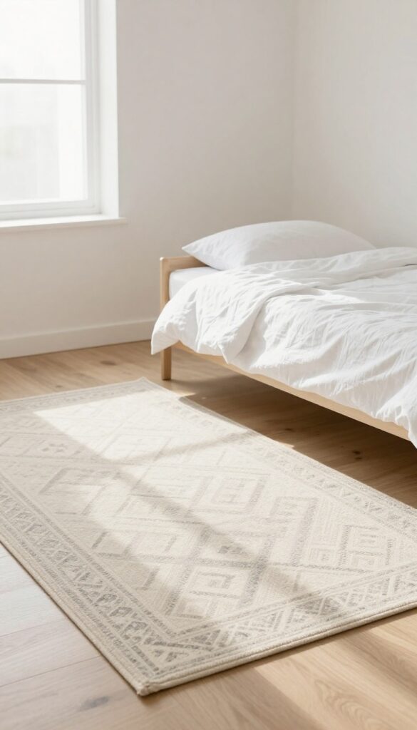 Small apartment bedroom with a light geometric rug defining the sleeping area, hardwood floors, and soft natural light.