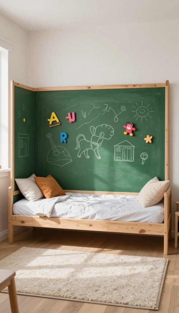 A shared kids' bedroom with a magnetic chalkboard wall divider, two beds, and creative play elements in natural light.