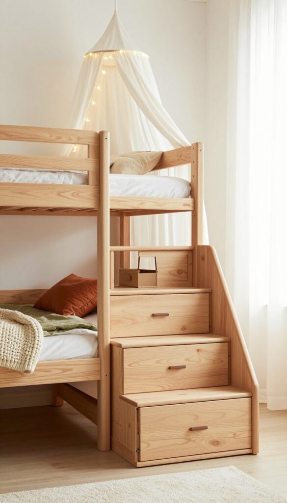 Bunk beds with integrated drawers in a small kids' bedroom